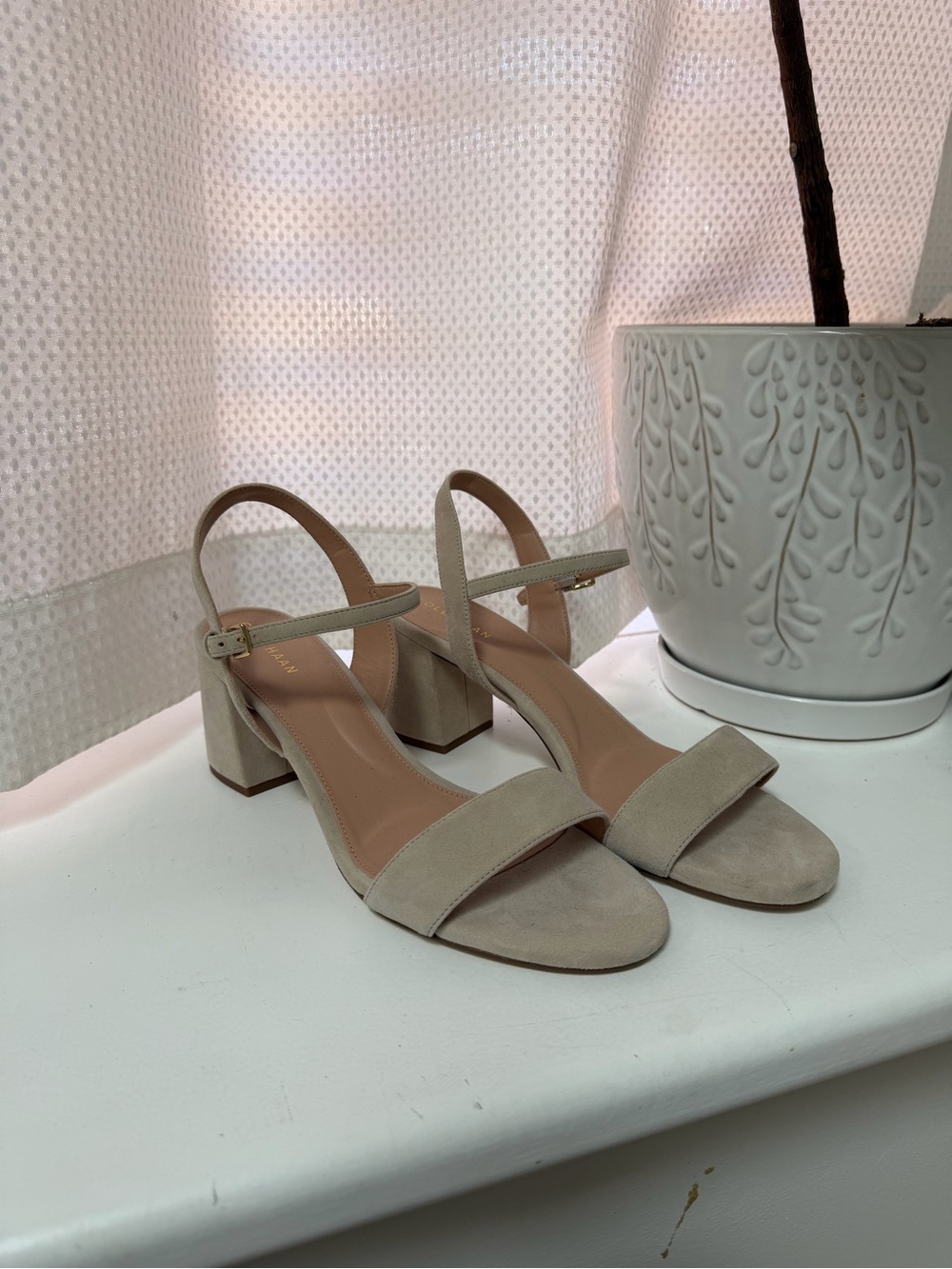 Cole Haan Neutral Suede Block Heel Sandals with Ankle Strap